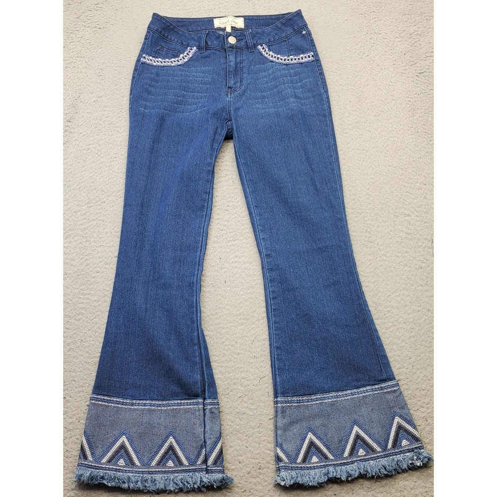 Sheryl Crow Flare Jeans Women 4 Blue Denim Stretch Zig-Zag Embroidery Frayed Hem